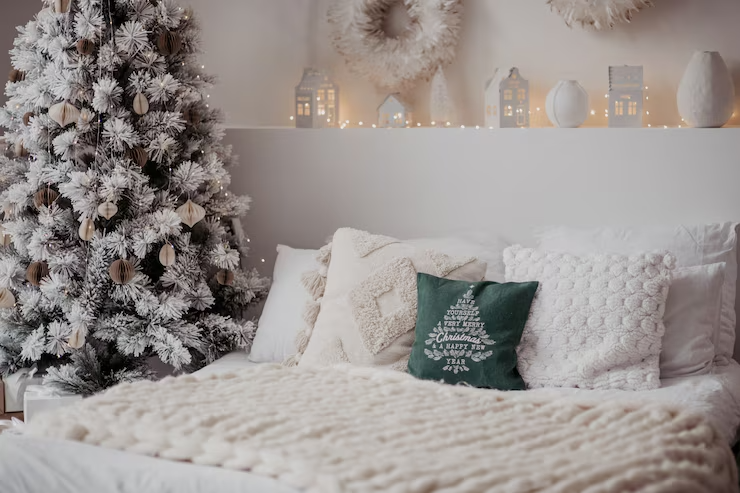 christmas bedroom decorate for christmas off white quilt