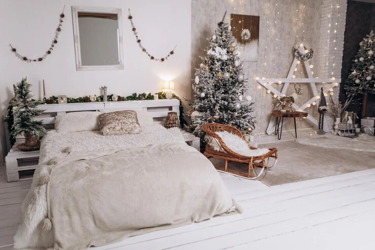 christmas bedroom decorate for christmas off white quilt